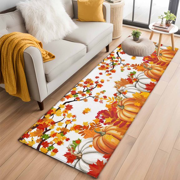 Hallway Runner Rug 2x6 Ft, Orange Pumpkins Fall Non Slip Area Rugs for Entryway, Maple Leaf Thanksgiving Botanical Washable Low Pile Accent Carpet for Indoor Corridor Laundry Kitchen Bedside