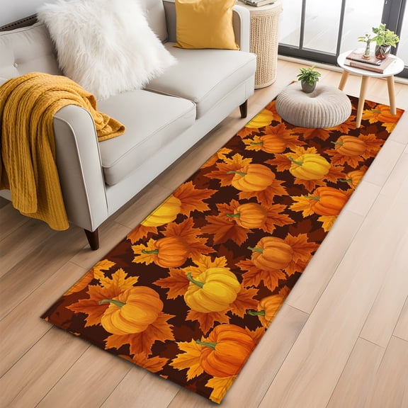 Hallway Runner Rug 2x6 Ft, Orange Pumpkins Fall Non Slip Area Rugs for Entryway, Maple Leaves Thanksgiving Botanical Washable Low Pile Accent Carpet for Indoor Corridor Laundry Kitchen Bedside