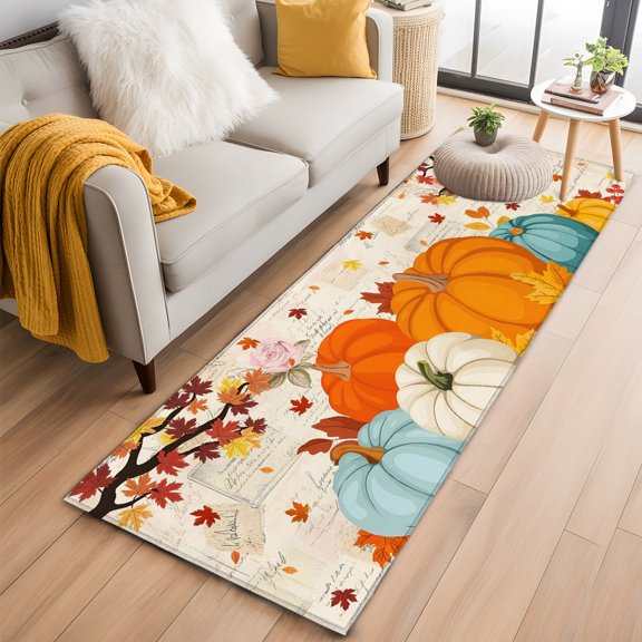 Hallway Runner Rug 2x6 Ft, Orange Pumpkins Fall Non Slip Area Rugs for Entryway, Thanksgiving Maple Leaf Branches Washable Low Pile Accent Carpet for Indoor Corridor Laundry Kitchen Bedside
