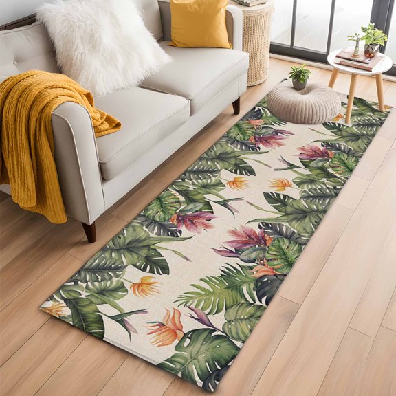 Hallway Runner Rug 2x6 Ft, Palm Leaves Non Slip Area Rugs for Entryway, Summer Botanical Tropical Plants Rustic Washable Low Pile Accent Carpet for Indoor Corridor Laundry Kitchen Bedside