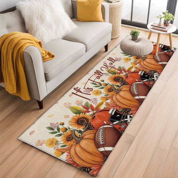 Hallway Runner Rug 2x6 Ft, Pumpkin Football Fall Non Slip Area Rugs for Entryway, Thanksgiving Sunflower Maple Beige Washable Low Pile Accent Carpet for Indoor Corridor Laundry Kitchen Bedside