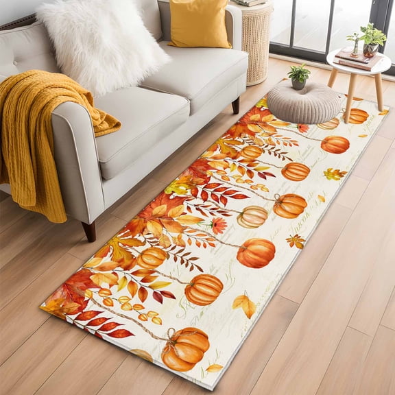 Hallway Runner Rug 2x6 Ft, Pumpkins Fall Non Slip Area Rugs for Entryway, Thanksgiving Orange Maple Leaf Washable Low Pile Accent Carpet for Indoor Corridor Laundry Kitchen Bedside