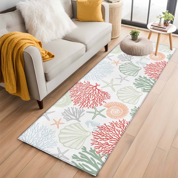 Hallway Runner Rug 2x6 Ft, Red Sage Green Coastal Non Slip Area Rugs for Entryway, Summer Beach Coral Shell Starfish Washable Low Pile Accent Carpet for Indoor Corridor Laundry Kitchen Bedside