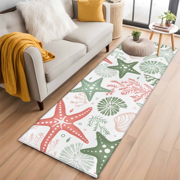 Hallway Runner Rug 2x6 Ft, Red Sage Green Starfish Coastal Non Slip Area Rugs for Entryway, Beach Nautical Coral Sea Washable Low Pile Accent Carpet for Indoor Corridor Laundry Kitchen Bedside