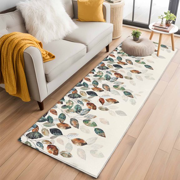 Hallway Runner Rug 2x6 Ft, Teal Brown Botanical Non Slip Area Rugs for Entryway, Pastoral Fall Weeping Maple Leaf Washable Low Pile Accent Carpet for Indoor Corridor Laundry Kitchen Bedside