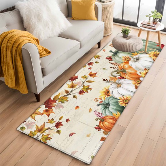 Hallway Runner Rug 2x6 Ft, Thanksgiving Fall Non Slip Area Rugs for Entryway, Maple Leaf Pumpkins Green Orange Washable Low Pile Accent Carpet for Indoor Corridor Laundry Kitchen Bedside
