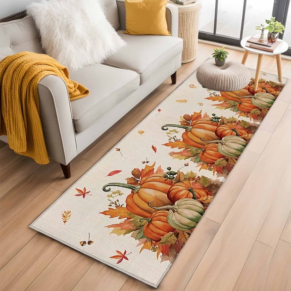 Hallway Runner Rug 2x6 Ft, Thanksgiving Fall Non Slip Area Rugs for Entryway, Pumpkin Harvest Orange Maple Leaf Rustic Washable Low Pile Accent Carpet for Indoor Corridor Laundry Kitchen Bedside