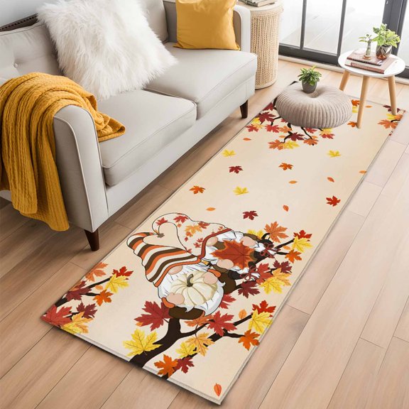 Hallway Runner Rug 2x6 Ft, Thanksgiving Gnomes Non Slip Area Rugs for Entryway, Fall Maple Leaves Botanical Autumn Washable Low Pile Accent Carpet for Indoor Corridor Laundry Kitchen Bedside