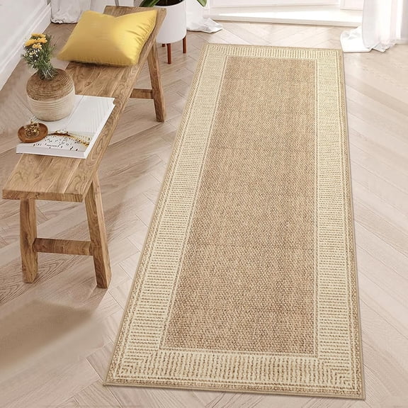 Hallway Runner Rug 2x6 Washable Kitchen Runner Carpet with Rubber Backing Stain Resistant Striped Border Entry Rug Geometric Area Rug for Living Room Bedroom Dining Room, Khaki