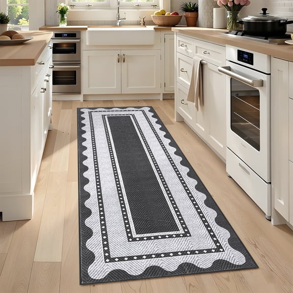 Hallway Runner Rug 2x6 Washable Modern Neutral Area Rug, Non Slip Low Pile Border Kitchen Mats for Floor, Contemporary Foldable Soft Accent Carpet for Bedroom, Entryway, Black Grey