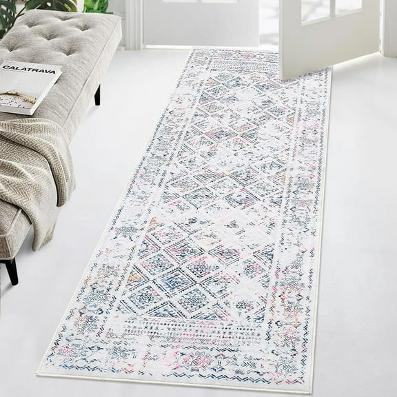 Hallway Runner Rug 2x6 Washable Rug Vintage Distressed Floor Carpet Non Slip Laundry Runners Boho Kitchen Runner Rugs Indoor Soft Low Pile Farmhouse Accent Rug for Living Room Bedroom Multi