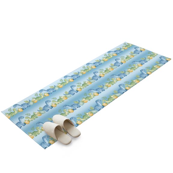 Hallway Runner Rug 2x6ft Cartoon Brontosaurus Washable Runner Rug Non Slip Soft Non-Shedding Low-Profile Tropical Leaves Dino Eggs Blue Long Bathroom Floor Carpet Rugs for Kitchen Entryway Bedside