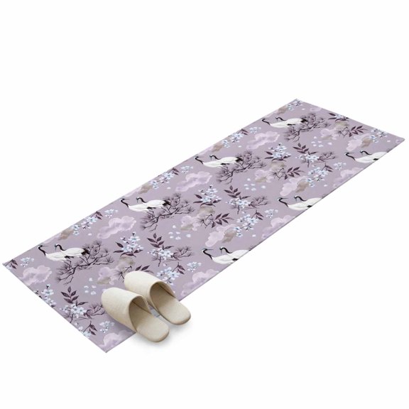 Hallway Runner Rug 2x6ft Japanese Cherry Blossom Washable Runner Rug Non Slip Soft Low-Profile White Crane Purple Pine Branch Cloud Long Bathroom Floor Carpet Rugs for Kitchen Entryway Bedside