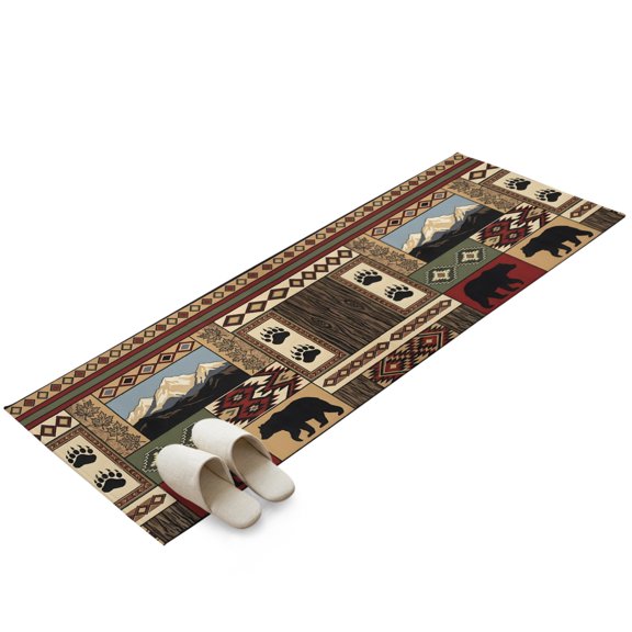 Hallway Runner Rug 2x6ft Lodge Bear Cabin Washable Runner Rug Non Slip Soft Non-Shedding Low-Profile Vintage Brown Buffalo Plaid Boho Long Bathroom Floor Carpet Rugs for Kitchen Entryway Bedside