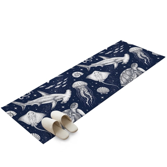 Hallway Runner Rug 2x6ft Navy Blue Coastal Washable Runner Rug Non Slip Non-Shedding Low-Profile Nautical Summer Ocean Turtle Fish Octopus Long Bathroom Floor Carpet Rugs for Kitchen Entryway Bedside