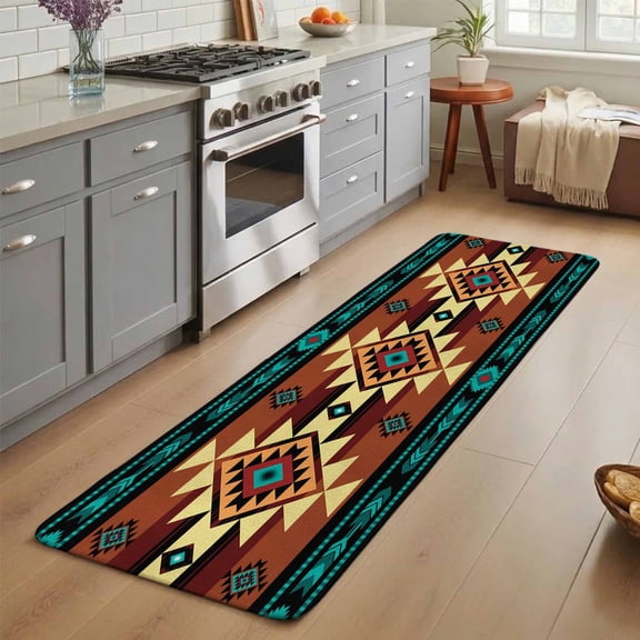 Hallway Runner Rug 31.5"x78.7",Turquoise Red Absorbent Non Slip Indoor Outdoor Carpet,Southwest American Native Abstract Pattern Low Profile Runner Rugs for Corridor Kitchen Laundry Room Entryway