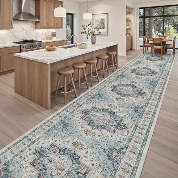 Hallway Runner Rug 3x18 - Kitchen Rugs 18ft Washable Entryway Rug Vintage Kitchen Runners Non Slip Indoor Area Rug Farmhouse Carpet Runner for Bathroom Living Room Bedroom, Blue