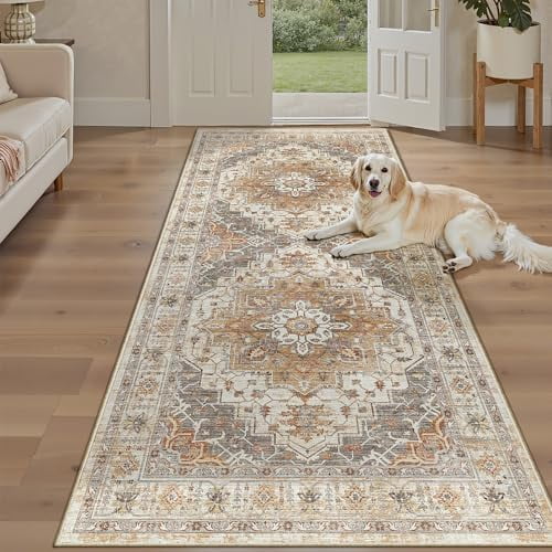 Hallway Runner Rug 4x8 Wide: Washable Thin Runners for Hallways Entry, Non Slip Soft Vintage Kitchen Rugs Low Pile Carpet Runners for Living Room Bedroom Dining Room Foyer (Turmeric/Grey,4x8)
