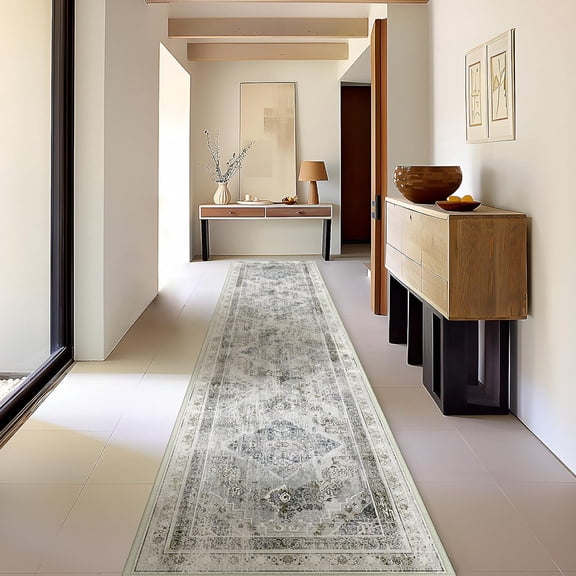 Hallway Runner Rug Boho Washable Non-Slip Carpet for Kitchen Entryway Laundry Bedroom, Room Decor, Home Decor, Ultra-Thin Runners Vintage Distressed Accent Rug, 2 x 10 ft, Light Gray, 1 Pack