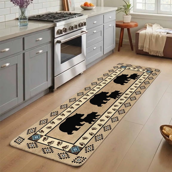 Hallway Runner Rug Indoor Outdoor 19.7"x63",Farmhouse Bear Absorbent Non Slip Floor Rug,Country Vintage Animals Paw Print Brown Low Profile Door Mat for Double Door Kitchen Laundry Room Corridor