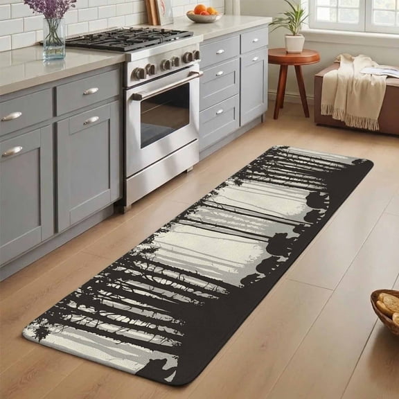 Hallway Runner Rug Indoor Outdoor 19.7"x63",Forest Bear Absorbent Non Slip Floor Rug,Black Grey Country Farmhouse Nature Tree Low Profile Door Mat for Double Door Kitchen Laundry Room Corridor