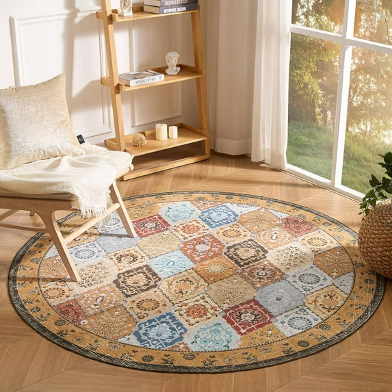 Hallway Runner Rug Vintage Washable Non-Slip Kitchen Rug Runner with Rubber Backing, Ultra-Thin Moroccan Boho Carpet Runner for Home Decor, 6 x 6 ft, Orange, 1 Pack