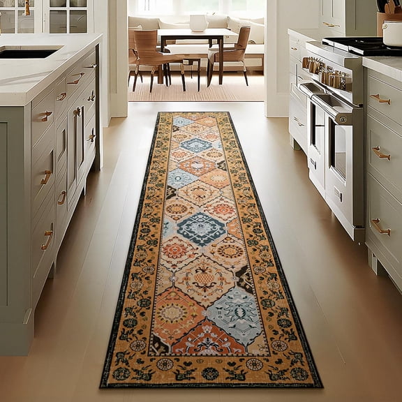 Hallway Runner Rug Vintage Washable Non-Slip Kitchen Rug Runner with Rubber Backing,for Entryway Laundry Bathroom, Room Decor, Home Decor, 2 x 10 ft, Orange, 1 Pack