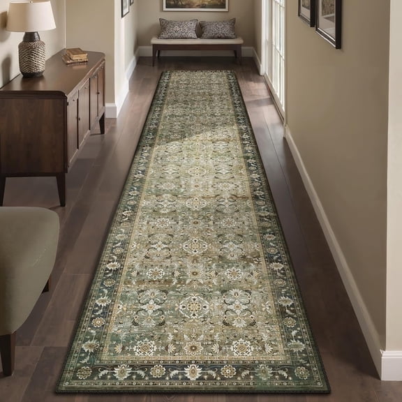 Runner Rug for Hallway, Yamaziot 2'x10' Washable Rug for Floor with Rubber Backing, Vintage Distressed Non Skid Brown Carpet, Laundry Room Rug Mat