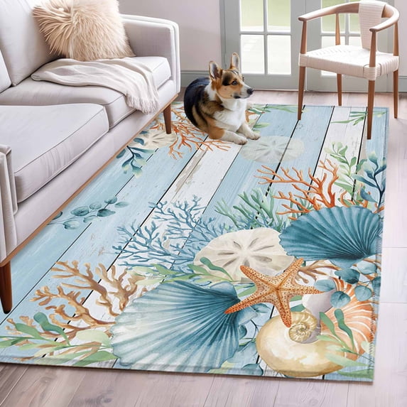 Hallway Runner Rugs 2.7x5 Ft, Blue Beach Coastal Non Slip Area Rugs for Kitchen Bedroom Entryway, Summer Nautical Coral Shell Botanical Vintage Washable Carpet Runner Rug Floor Mats for Bedroom