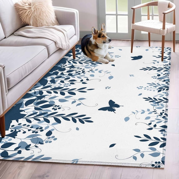 Hallway Runner Rugs 2.7x5 Ft, Blue Spring Botanical Non Slip Area Rugs for Kitchen Bedroom Entryway, Weeping Eucalyptus Butterfly Washable Carpet Runner Rug Floor Mats for Bedroom Home Decor