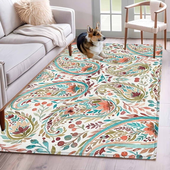 Hallway Runner Rugs 2.7x5 Ft, Boho Flower Non Slip Area Rugs for Kitchen Bedroom Entryway, Spring Watercolor Botanical Paisley Floral Leaf Washable Carpet Runner Rug Floor Mats for Bedroom