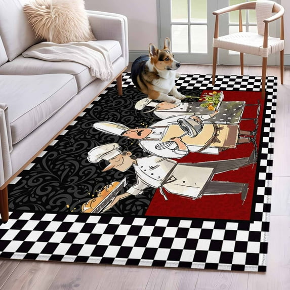 Hallway Runner Rugs 2.7x5 Ft, Chef Non Slip Area Rugs for Kitchen Bedroom Entryway, Cartoon Cute Watercolor Cooking Black Plaid Washable Carpet Runner Rug Floor Mats for Bedroom Home Decor