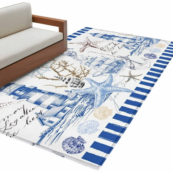 Hallway Runner Rugs 2.7x5 Ft, Coastal Blue Non Slip Area Rugs for Kitchen Bedroom Entryway, Ocean Nautical Lighthouse Starfish Anchor Washable Carpet Runner Rug Floor Mats for Bedroom Home Decor