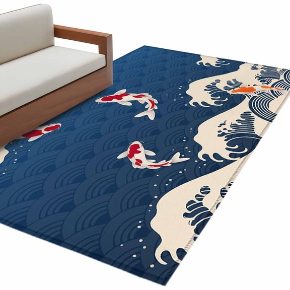 Hallway Runner Rugs 2.7x5 Ft, Coastal Wave Non Slip Area Rugs for Kitchen Bedroom Entryway, Japanese Style Ocean Fish Blue Washable Carpet Runner Rug Floor Mats for Bedroom Home Decor