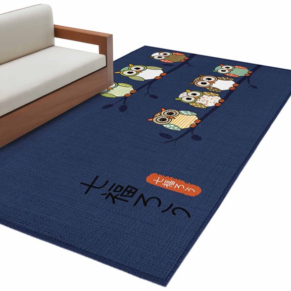 Hallway Runner Rugs 2.7x5 Ft, Cute Owls Harmony Non Slip Area Rugs for Kitchen Bedroom Entryway, Japanese Cartoon Birds Navy Washable Carpet Runner Rug Floor Mats for Bedroom Home Decor