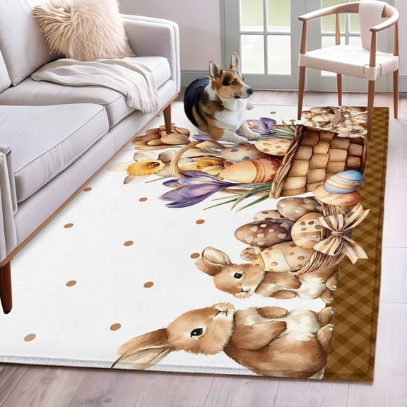 Hallway Runner Rugs 2.7x5 Ft, Easter Bunny Non Slip Area Rugs for Kitchen Bedroom Entryway, Brown Eggs Floral Rabbits Farmhouse Dots Plaid Washable Carpet Runner Rug Floor Mats for Bedroom