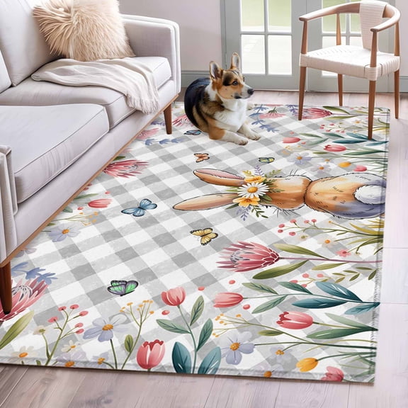 Hallway Runner Rugs 2.7x5 Ft, Easter Non Slip Area Rugs for Kitchen Bedroom Entryway, Spring Rabbit Butterfly Botanical Florals Grey Plaid Washable Carpet Runner Rug Floor Mats for Bedroom