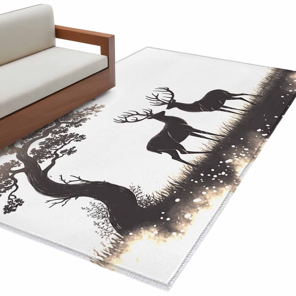 Hallway Runner Rugs 2.7x5 Ft, Elk Silhouette Non Slip Area Rugs for Kitchen Bedroom Entryway, Retro Nature Forest Antlers Tree Branch Washable Carpet Runner Rug Floor Mats for Bedroom Home Decor