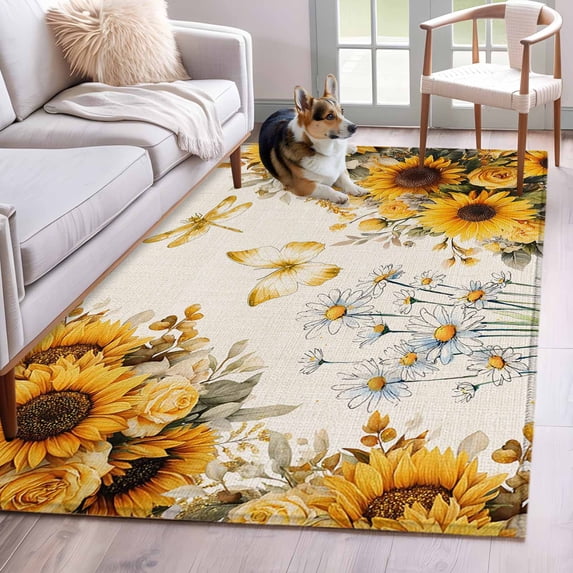 Hallway Runner Rugs 2.7x5 Ft, Farmhouse Sunflower Non Slip Area Rugs for Kitchen Bedroom Entryway, Vintage Daisy Butterflies Rustic Burlap Washable Carpet Runner Rug Floor Mats for Bedroom