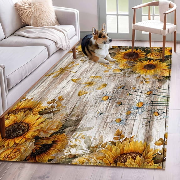 Hallway Runner Rugs 2.7x5 Ft, Farmhouse Sunflower Non Slip Area Rugs for Kitchen Bedroom Entryway, Vintage Daisy Butterflies Rustic Wood Washable Carpet Runner Rug Floor Mats for Bedroom Home Decor