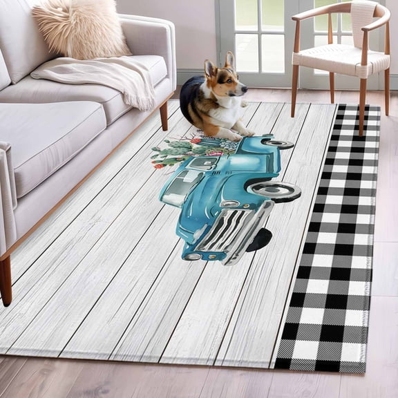 Hallway Runner Rugs 2.7x5 Ft, Farmhouse Wood Grain Non Slip Area Rugs for Kitchen Bedroom Entryway, Modern Cactus Truck Black Plaid Washable Carpet Runner Rug Floor Mats for Bedroom Home Decor