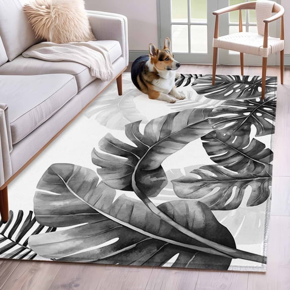 Hallway Runner Rugs 2.7x5 Ft, Grey Black Leaves Non Slip Area Rugs for Kitchen Bedroom Entryway, Summer Botanical Watercolor Leaf Washable Carpet Runner Rug Floor Mats for Bedroom Home Decor
