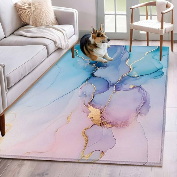 Hallway Runner Rugs 2.7x5 Ft, Marble Pink Blue Purple Non Slip Area Rugs for Kitchen Bedroom Entryway, Modern Abstract Art Ink Painting Washable Carpet Runner Rug Floor Mats for Bedroom Home Decor