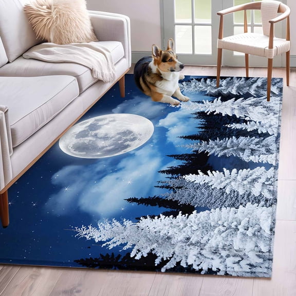 Hallway Runner Rugs 2.7x5 Ft, Moonlight Landscapes Non Slip Area Rugs for Kitchen Bedroom Entryway, Winter Christmas Trees Forest Washable Carpet Runner Rug Floor Mats for Bedroom Home Decor