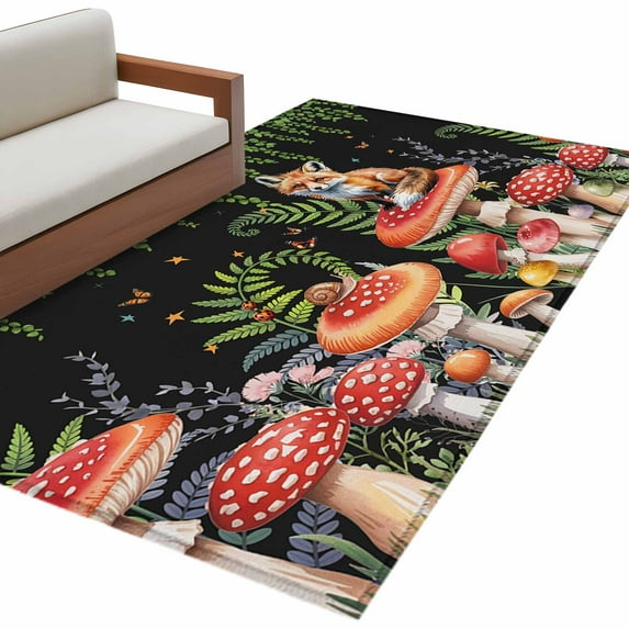 Hallway Runner Rugs 2.7x5 Ft, Mushroom Non Slip Area Rugs for Kitchen Bedroom Entryway, Fox Botanical Leaf Green Black Butterfly Washable Carpet Runner Rug Floor Mats for Bedroom Home Decor