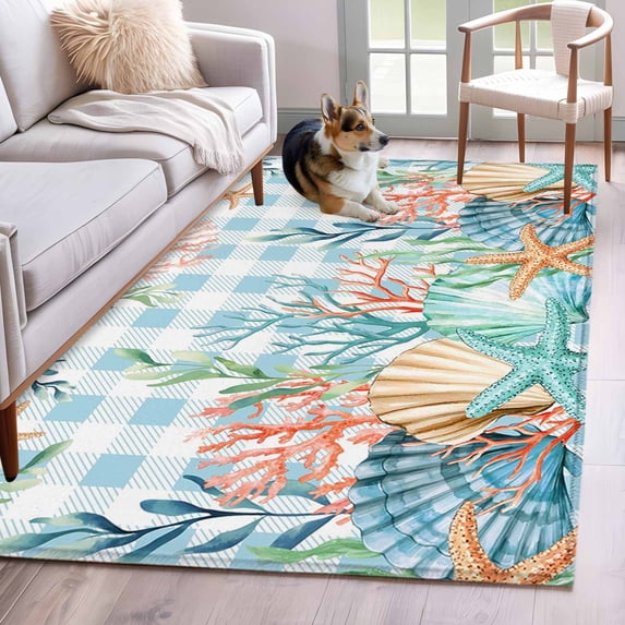 Hallway Runner Rugs 2.7x5 Ft, Nautical Coastal Non Slip Area Rugs for Kitchen Bedroom Entryway, Summer Beach Shell Coral Seaweed Blue Plaid Washable Carpet Runner Rug Floor Mats for Bedroom