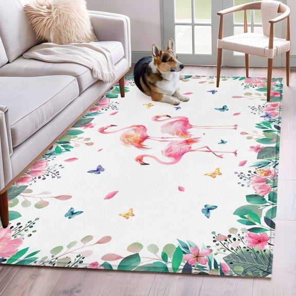 Hallway Runner Rugs 2.7x5 Ft, Pink Flamingo Non Slip Area Rugs for Kitchen Bedroom Entryway, Tropical Botanical Summer Butterfly Flower Washable Carpet Runner Rug Floor Mats for Bedroom Home Decor