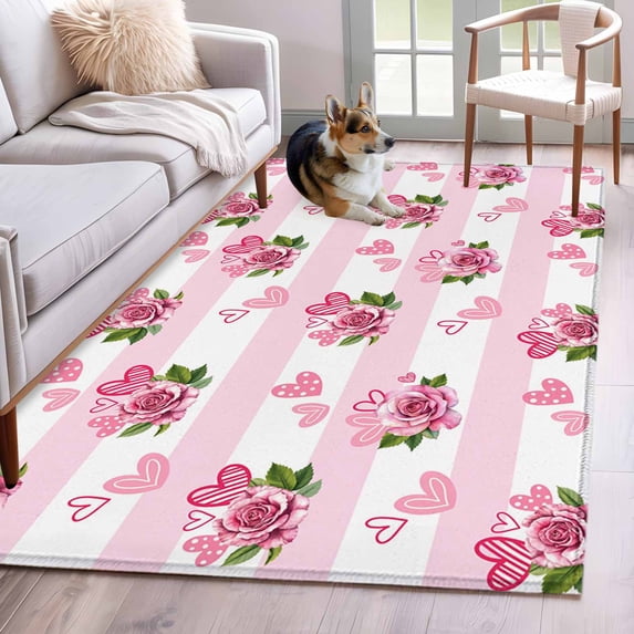 Hallway Runner Rugs 2.7x5 Ft, Pink Roses Non Slip Area Rugs for Kitchen Bedroom Entryway, Valentine's Day Love Floral Stripes Romantic Washable Carpet Runner Rug Floor Mats for Bedroom Home Decor