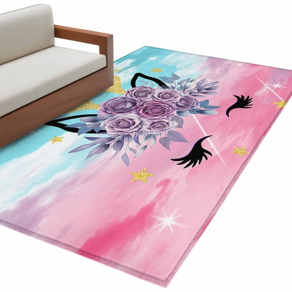 Hallway Runner Rugs 2.7x5 Ft, Purple Rose Antlers Non Slip Area Rugs for Kitchen Bedroom Entryway, Abstract Art Teal Pink Fancy Flowers Washable Carpet Runner Rug Floor Mats for Bedroom Home Decor