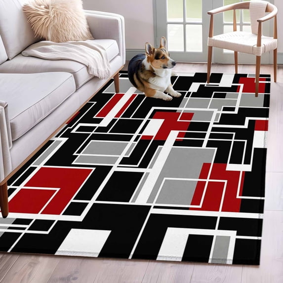 Hallway Runner Rugs 2.7x5 Ft, Red Black Geometric Non Slip Area Rugs for Kitchen Bedroom Entryway, Modern Color Block Abstract Washable Carpet Runner Rug Floor Mats for Bedroom Home Decor